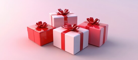 Obraz premium Festively wrapped gift boxes with red ribbons arranged neatly on a soft light background for holiday celebrations and special occasions
