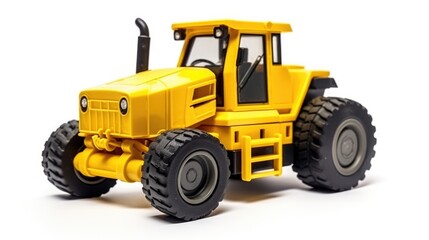 Toy Construction Vehicle Close-Up Featuring Yellow Toy Tractor for Industrial Use Against a Clean White Background