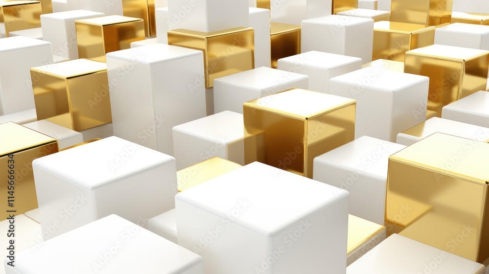 Poster abstract composition of golden and white cubes creating a modern and elegant background suitable for
