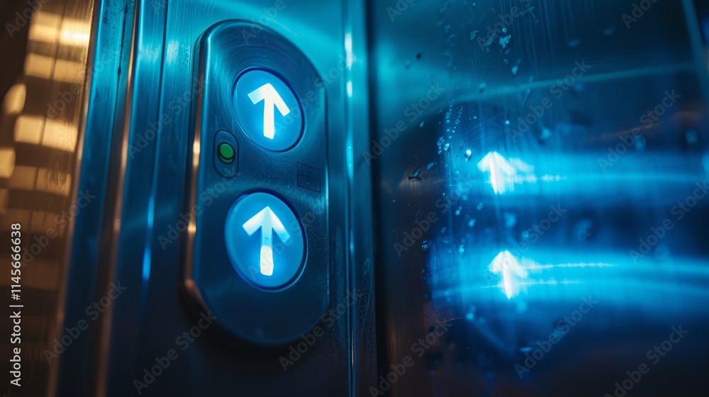 Poster illuminated elevator buttons guide upward journey in a modern urban setting during evening hours