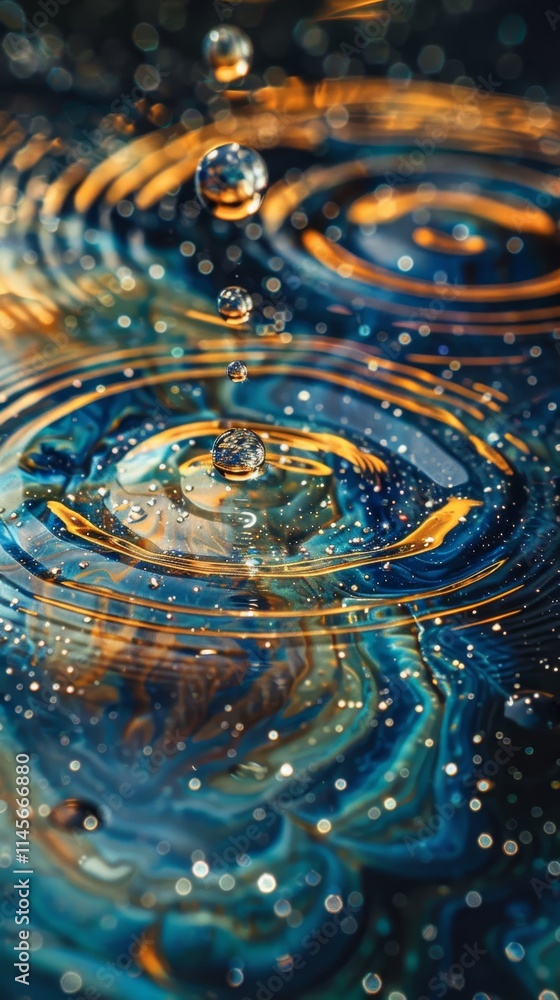 Poster colorful water ripples create captivating circular patterns with droplets in a vibrant display