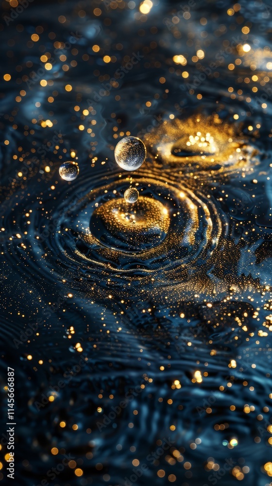 Poster captivating droplets creating ripples in a shimmering golden background with sparkling details