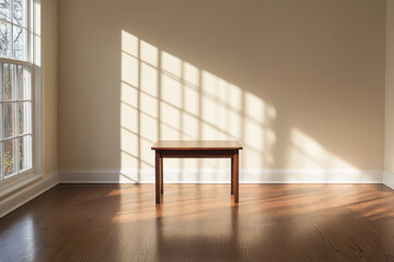 Obraz premium Simple wooden table casting shadows in a sunlit empty room