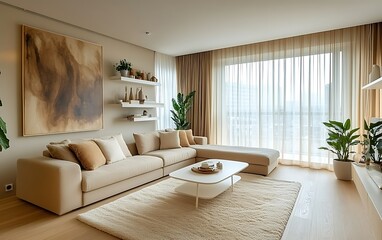 Modern living room interior design with beige sectional sofa, large window, and minimalist decor.