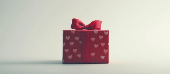 Red gift box adorned with a bow and heart patterns on a neutral background perfect for holiday celebrations and romantic occasions