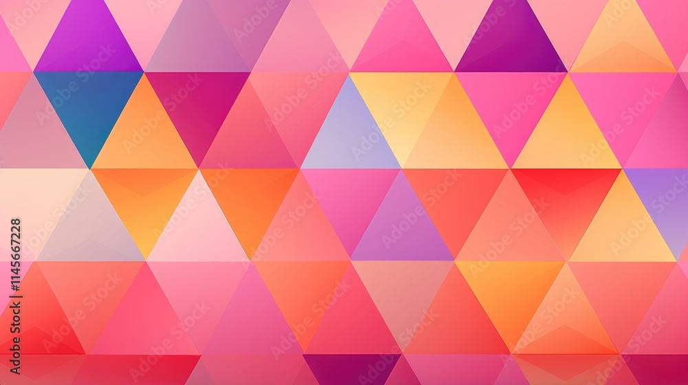 Poster vibrant geometric triangle patterns in warm hues creating a modern background design on a soft pink 