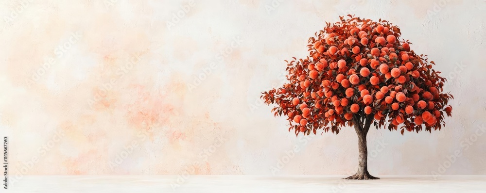 Poster peach tree abstract background idea. a vibrant tree with red foliage against a soft, neutral backgro