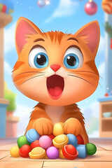 Fototapeta premium Joyful Kitten Playing with Colorful Candies in Festive Kitchen.