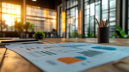 Picture a serious yet collaborative business meeting with documents and charts on a table, in a modern office with clear, natural lighting