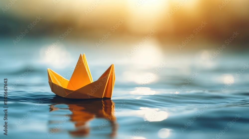 Poster origami paper sailboat floating on water with selective focus and soft light creating a serene and p