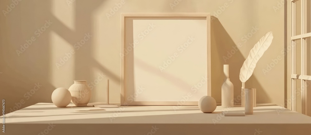 Poster minimalist office table featuring an empty frame and modern decor elements promoting creativity in a