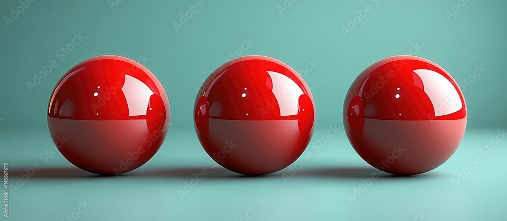 Poster three glossy red spheres arranged in a row against a soft teal background highlighting their vibrant