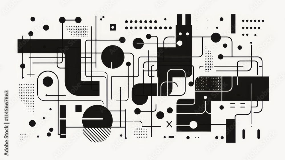 Poster abstract black and white geometric design showcasing intricate patterns and shapes