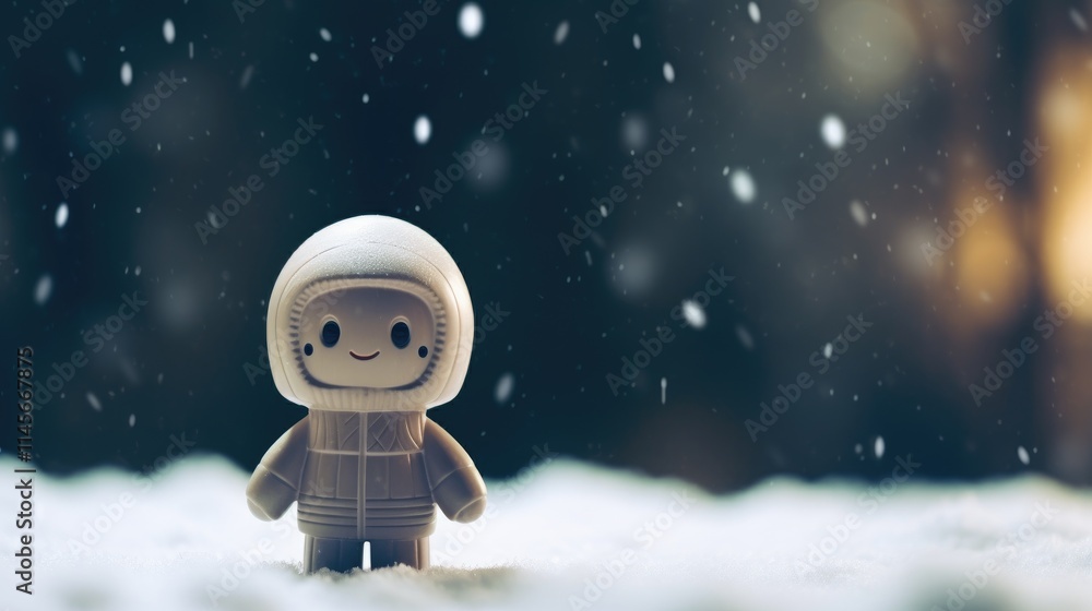 Poster charming winter toy doll in snowy setting with soft bokeh effect and dim foggy background capturing 