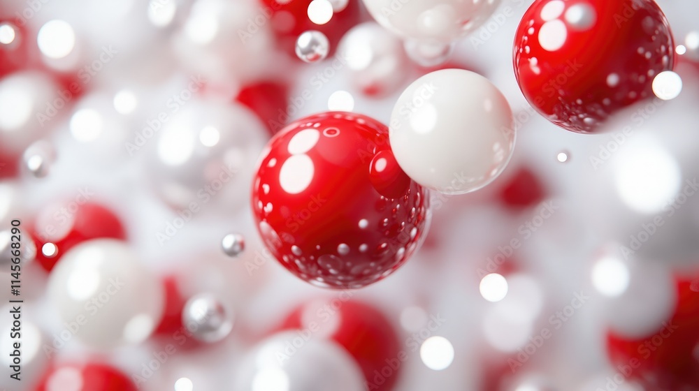 Poster abstract composition of red and white pearl beads creating a dreamy backdrop with soft bokeh effect 