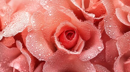 Dewdrops adorn delicate coral rose petals