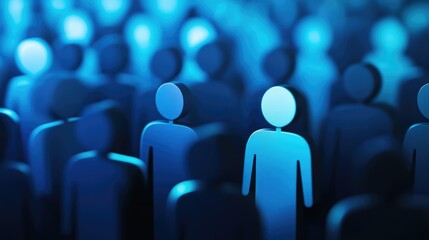 Diverse shadowy figures with one highlighted against a blue gradient background representing recruitment and talent identification concepts