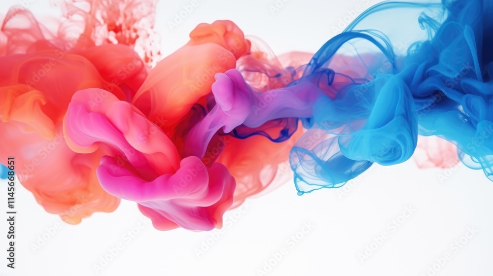 Poster colorful ink swirling in water creating abstract shapes and patterns against a white background with