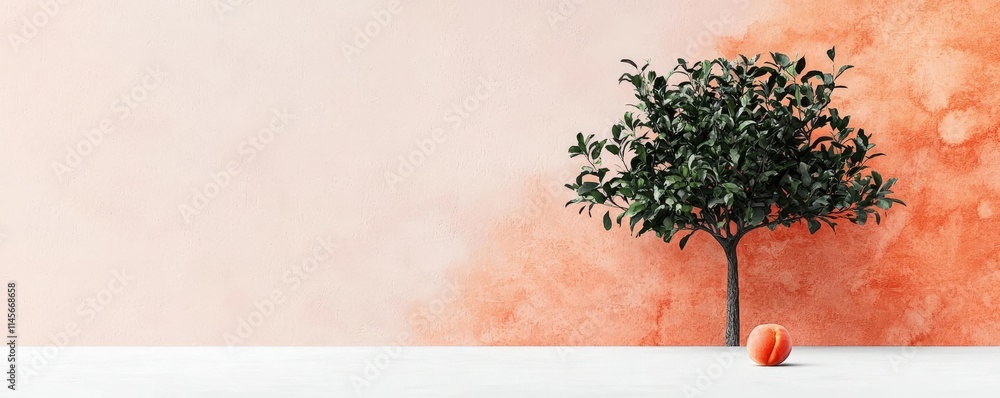Poster peach tree abstract background idea. a minimalistic scene featuring a vibrant tree against a colorfu