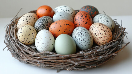 Colorful speckled bird eggs in a nest.