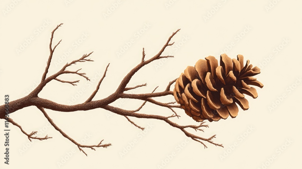 Poster pine cone attached to a bare branch against a neutral background showcasing natural textures and org