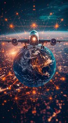 Airplane flying over a network of lights illuminating the Earth at night showcasing global connectivity