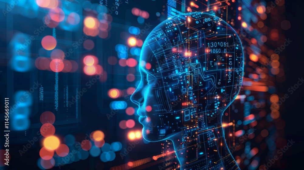 Aufkleber digital human face silhouette with circuit board patterns in a futuristic setting