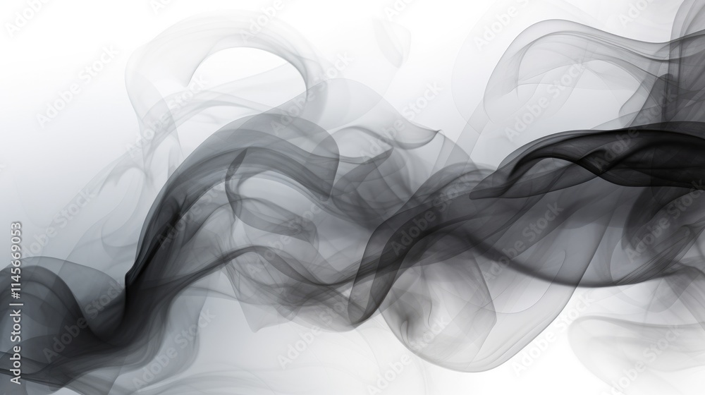 Poster abstract black smoke texture flowing gracefully with soft curves and fading against a clean white ba