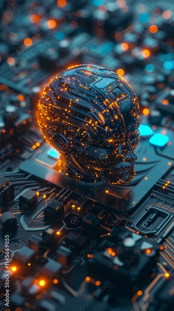 Poster futuristic robotic skull illuminated by glowing circuits on a computer motherboard