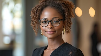 Fototapeta premium A portrait of a happy black woman employee in an office, wearing glasses and exuding pride, represents a lawyer or entrepreneur with professional career opportunities.