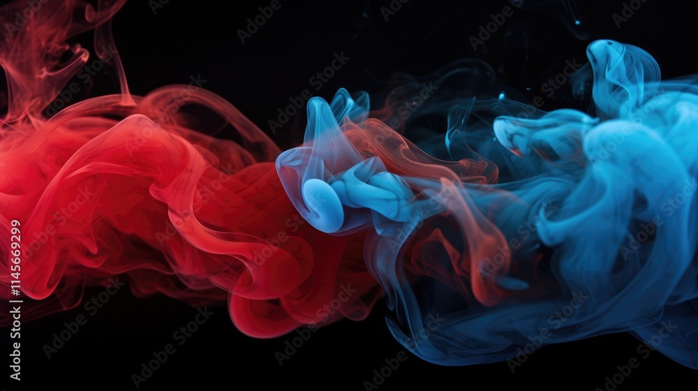 Poster red and blue swirling smoke patterns on a dark background creating a dramatic and vibrant visual con