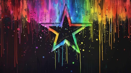 Colorful star graffiti with rainbow drips on a black background displays vibrant artistic expression