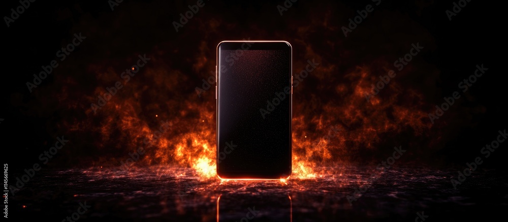 Poster smartphone mockup with blank screen illuminated by flames showcasing technology design and visual co