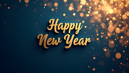 Happy new year golden text on blue and gold glitters Bokeh background. Christmas and new year banner or greeting card.