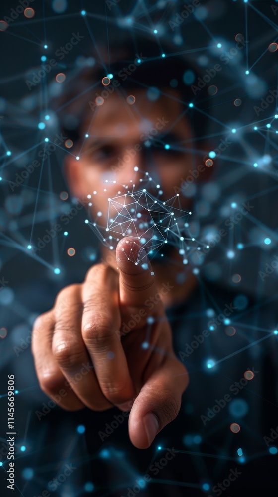 Poster man interacts with digital network visualization in a modern workspace during the evening