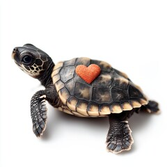 Fototapeta premium Baby sea turtle with heart ocean shore wildlife photography serene environment close-up love for nature