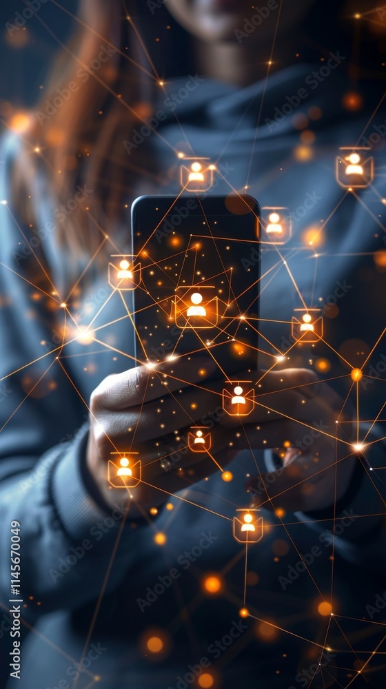 Poster connecting through technology, a person engages with a smartphone displaying a network of social ico