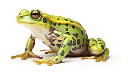 Obraz premium Vibrant green frog with distinct black spots isolated on a clean white background showcasing its unique features and natural beauty.