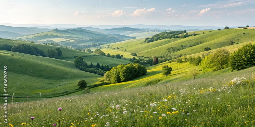 Poster a lush green field with a few trees and a few houses in the distance
