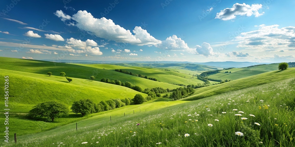 Poster a beautiful, lush green field with a few trees scattered throughout