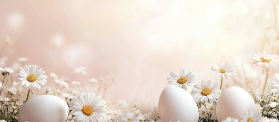 Fototapeta premium Spring Easter backdrop with white eggs and daisy flowers creating a serene and festive atmosphere for seasonal celebrations and decorations