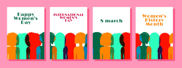 Happy International Womens day, Womens History Month, 8 march vertical posters set. Banner with different silhouettes of women. Flat vector illustration