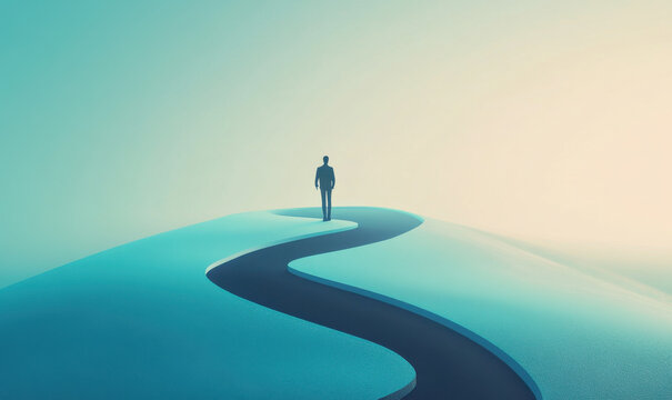 A silhouette of a business person taking a winding path. Opportunity and choice concept
