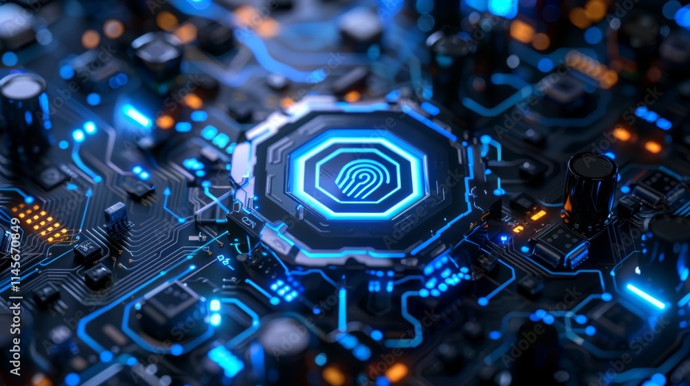 Poster close-up view of a futuristic microchip with intricate circuitry glowing in blue and orange lights d