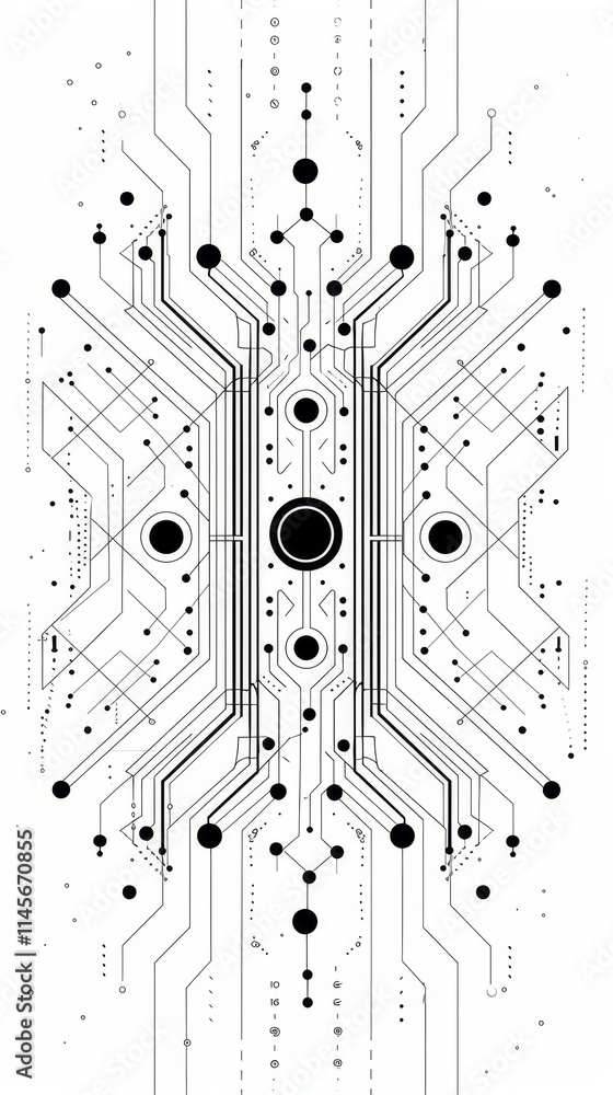 Poster abstract black and white digital circuitry design with intricate patterns and shapes showcasing tech