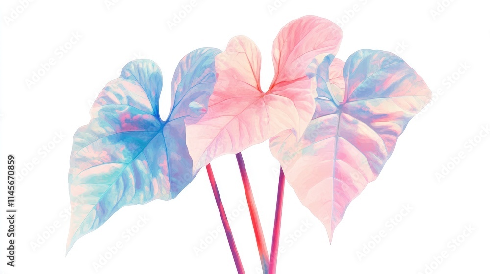 Poster colorful caladium leaves on white background isolated with clipping path showcasing vibrant hues and