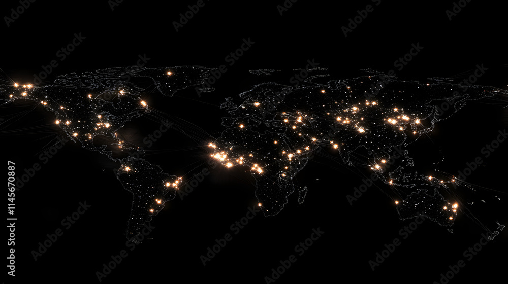 Poster a stylized world map with glowing city lights connected by lines, representing global network and co