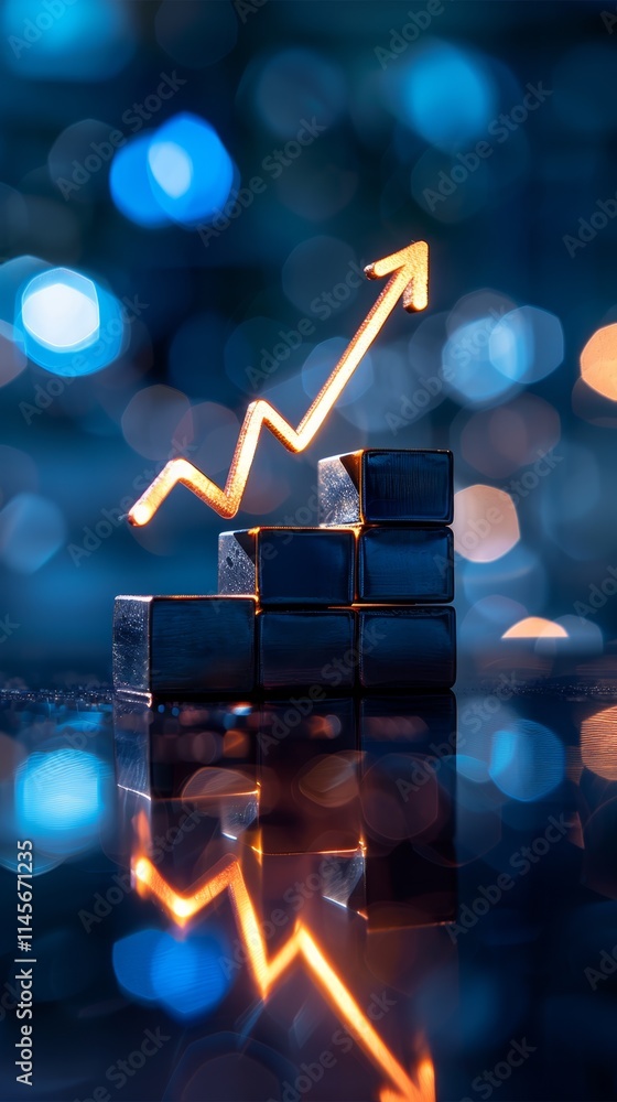 Poster graph indicating growth with glowing arrow and reflective cubes against a bokeh background