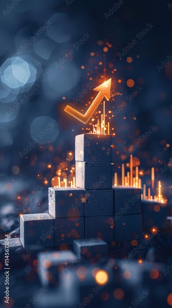 Poster graphical representation of growth with ascending blocks and an upward arrow against a blurred backg