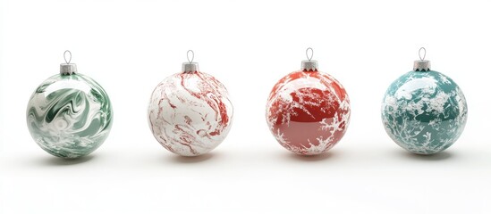 Colorful Christmas baubles in various designs isolated on a white background for festive holiday decoration and seasonal celebrations.